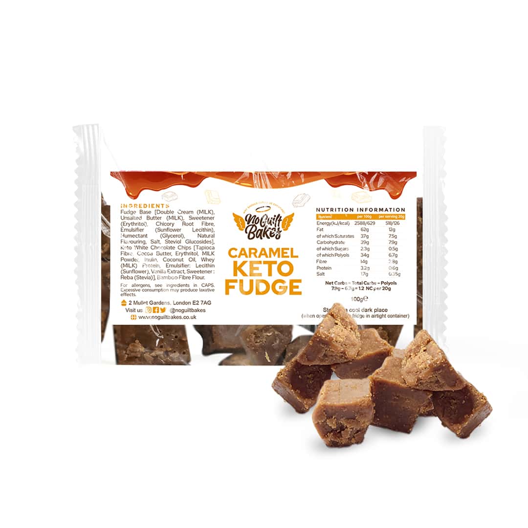 A guilt-free package of low-sugar Luxurious Belgian Chocolate Keto Fudge - Multiple Flavours with no added sugar Belgian white chocolate chips on a white background by No Guilt Bakes.