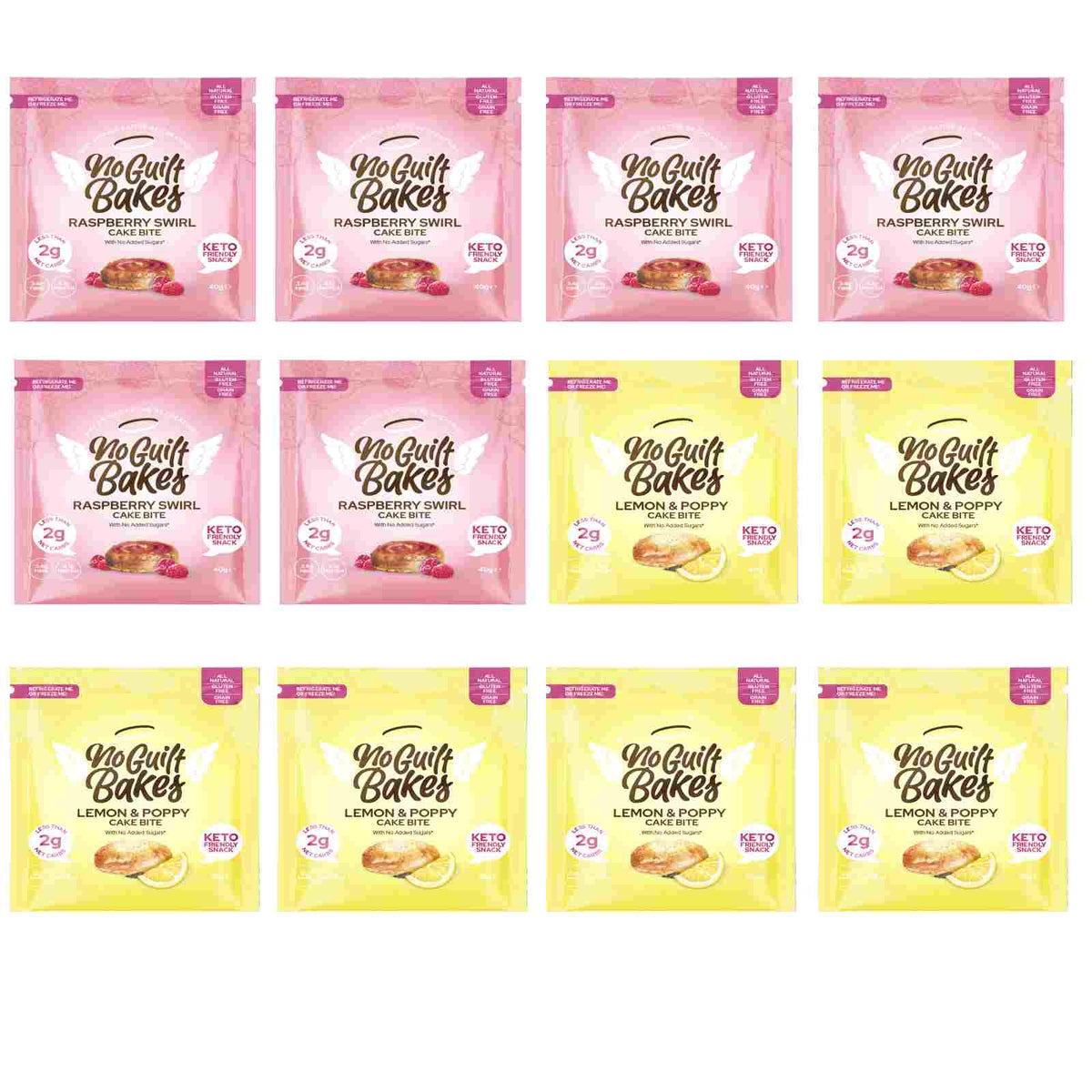 A group of packages with different flavors of cookies, including lemon &amp; poppy seed and raspberry swirls from No Guilt Bakes&#39; Fruity Variety Cake Bite Pack | Keto.