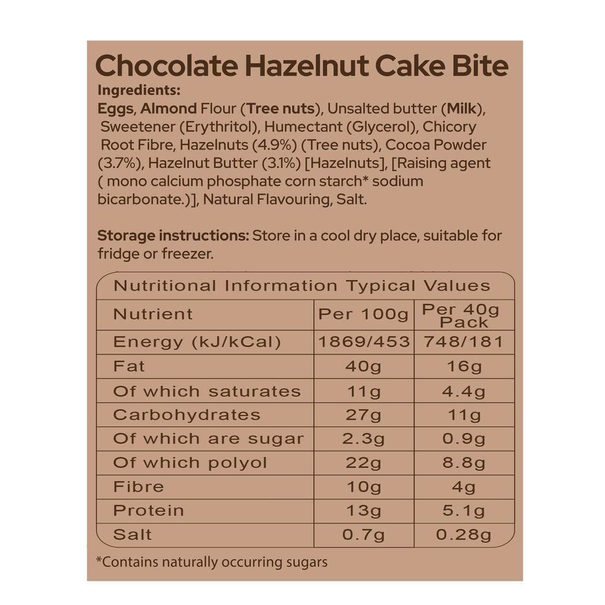 An image of chocolate hazelnut cake bite nutritional information
