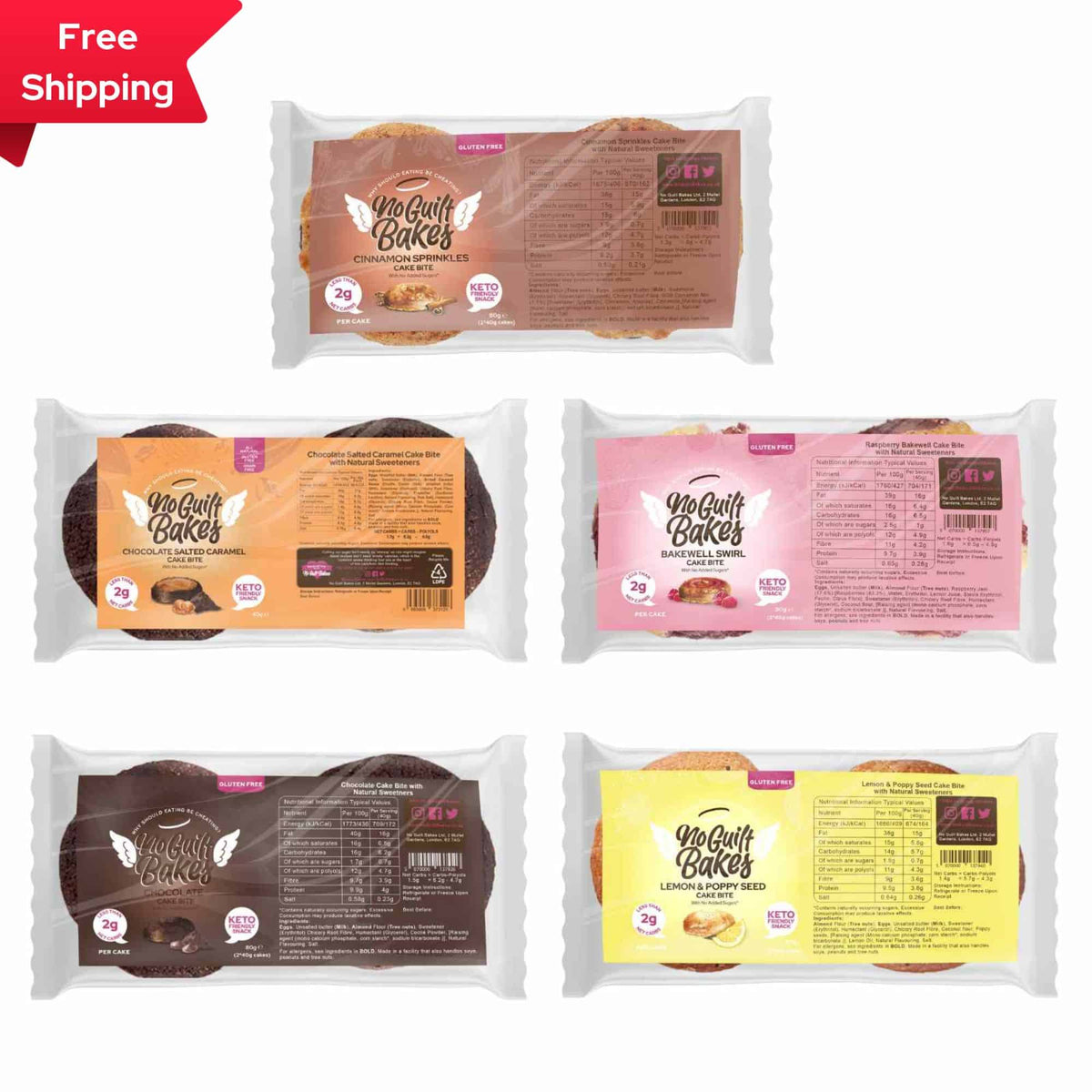 Four packages of Keto Cake Bites with free shipping available as a Variety Pack from No Guilt Bakes.