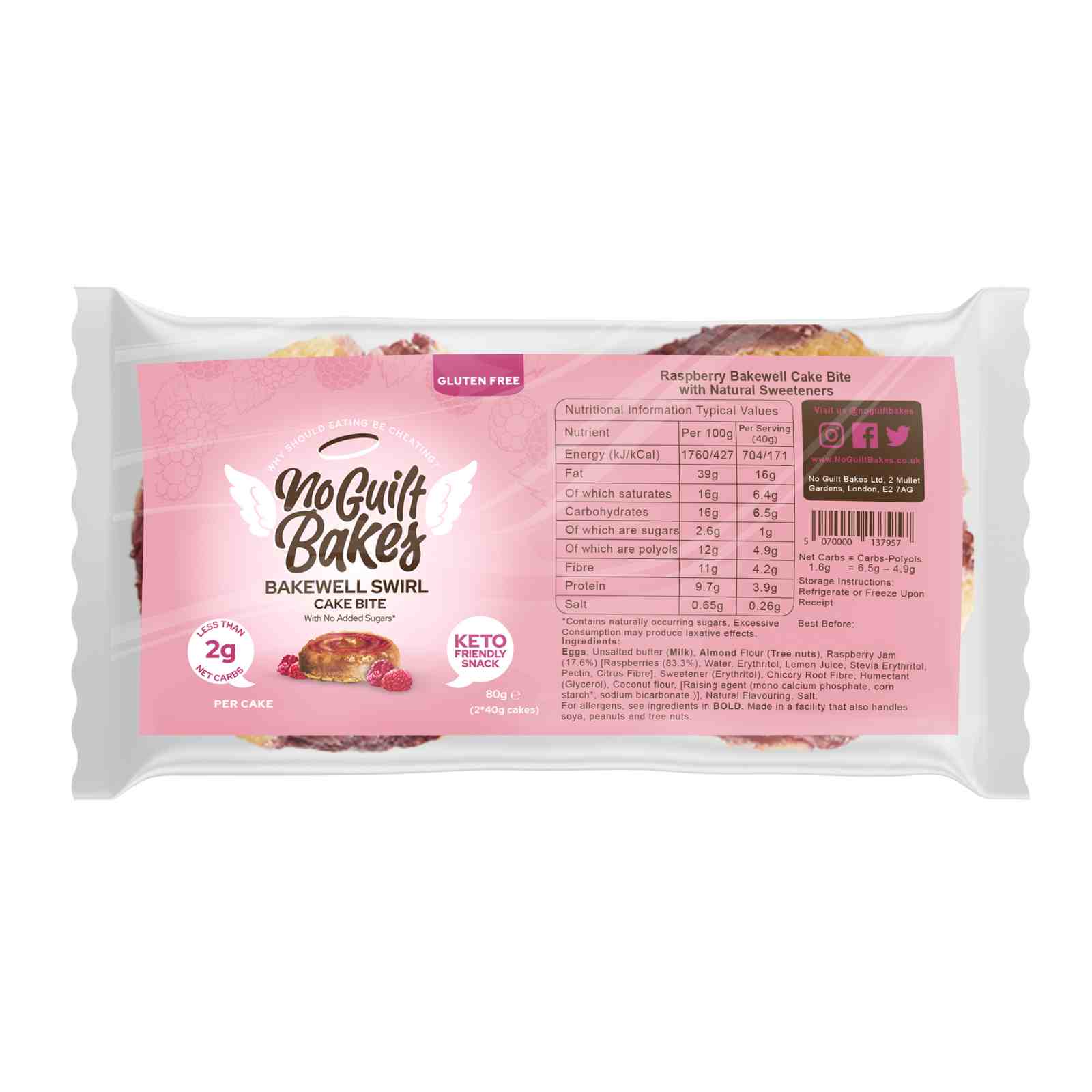 Indulge in No Guilt Bakes's package of healthy Raspberry Bakewell Swirl Keto Cake Bites, perfect for those on a ketogenic diet. The treats are set against a pink background for a delightful presentation.