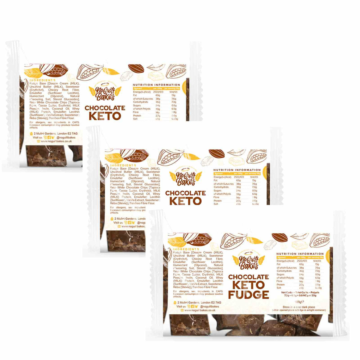 Three packages of low-sugar and low-carb Luxurious Belgian Chocolate Keto Fudge - Multiple Flavours from No Guilt Bakes.