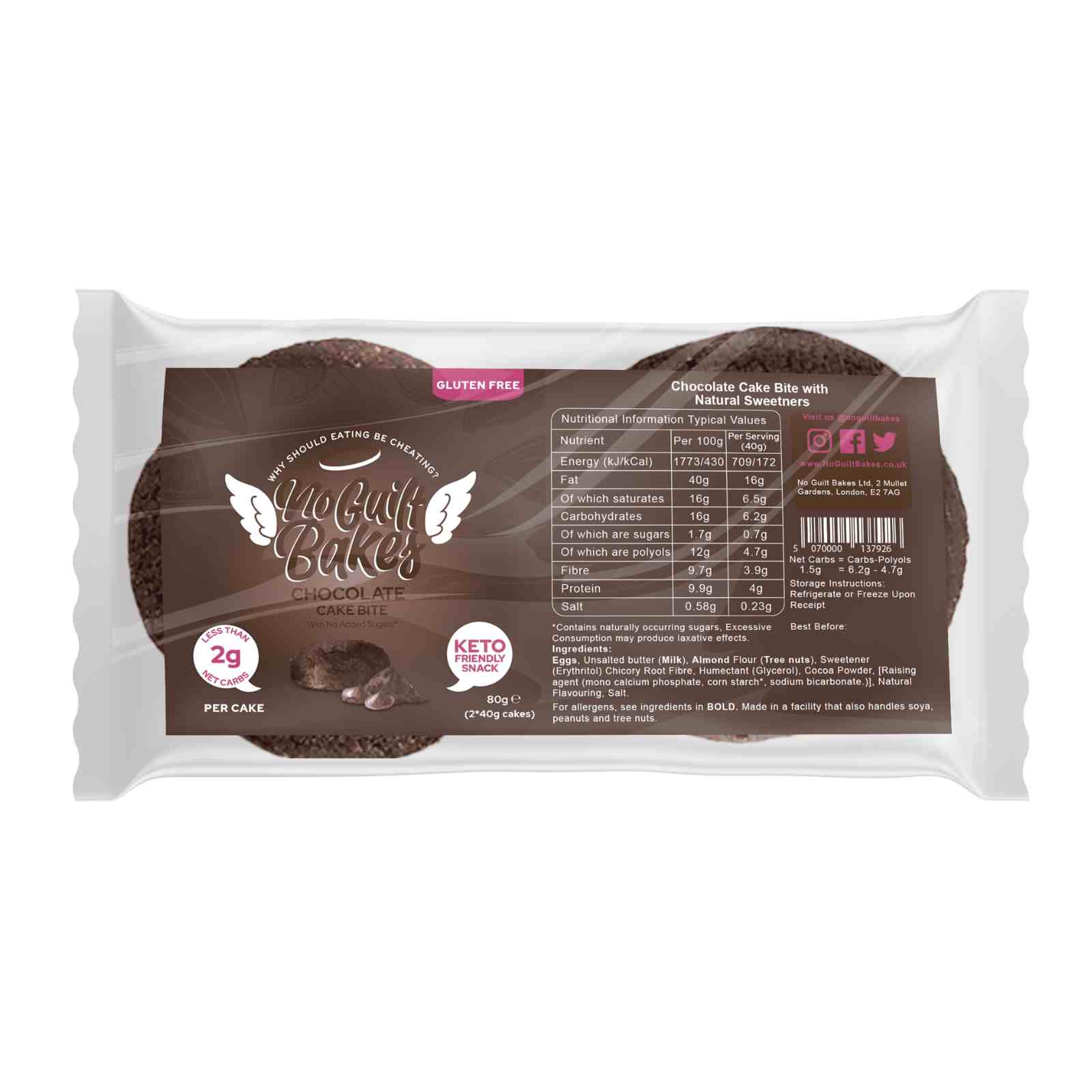 A package of No Guilt Bakes Chocolate Keto Cake Bites (Duo Pack) on a white background.