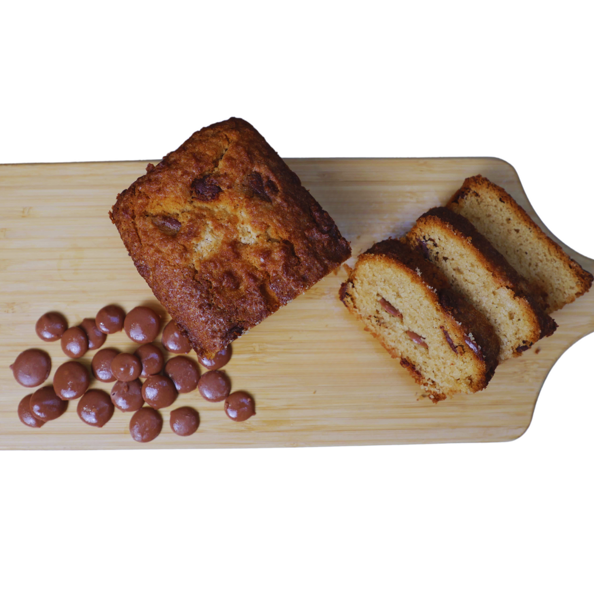 A wooden cutting board, perfect for chopping No Guilt Bakes Chocolate Chip Loaf or low-carb Keto recipes.