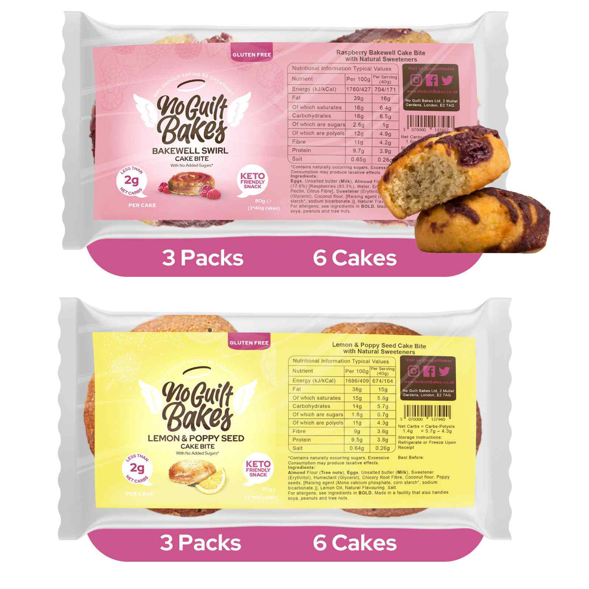 A package of Fruity Variety Cake Bite Pack with a variety of flavors including Raspberry Swirls and Lemon &amp; Poppy Seed made by No Guilt Bakes.