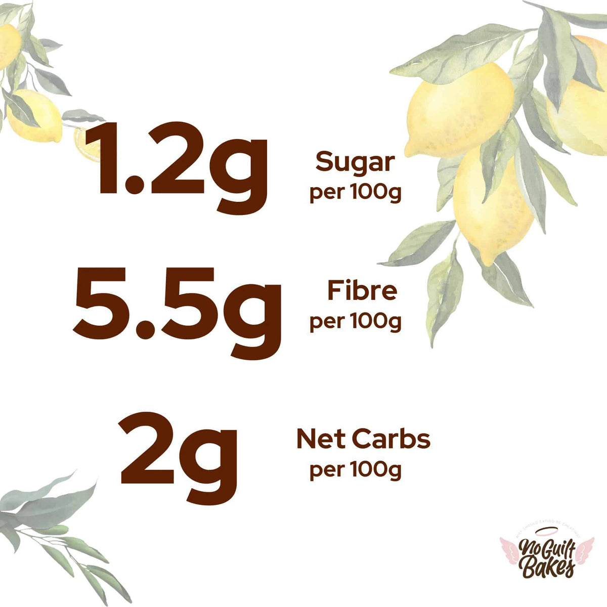 A guilt-free label displaying the zesty ingredients of a Lemon Drizzle Keto Loaf Cake by No Guilt Bakes.