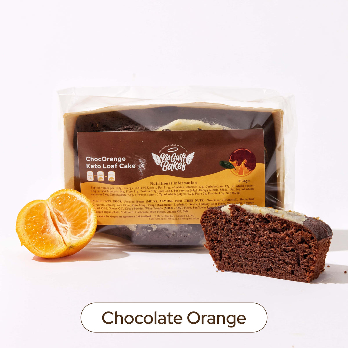 A Festive Loaf Bundle with a piece of chocolate orange cake next to an orange. (Brand: No Guilt Bakes)