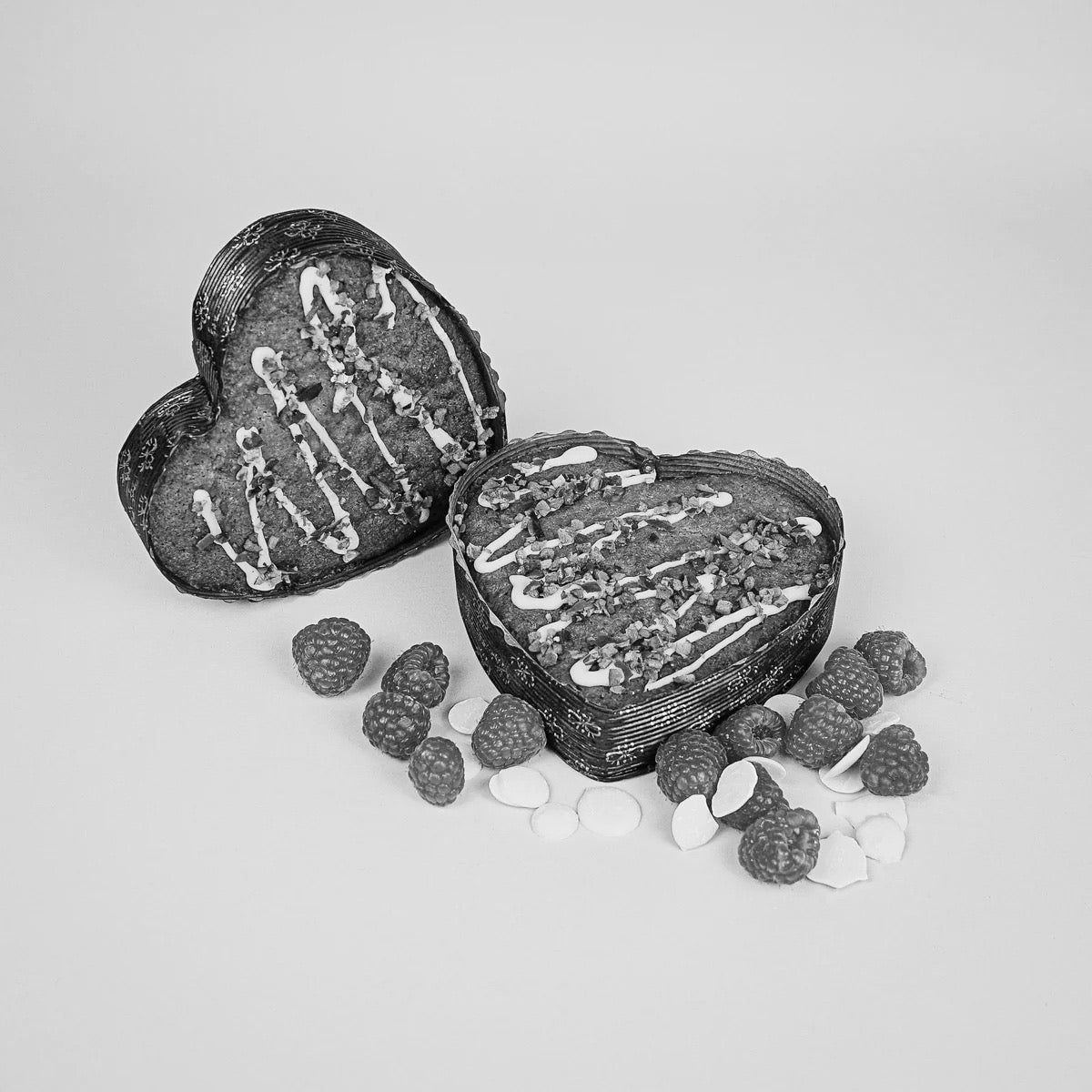 A black and white photo of a Sweetheart Brownie Cake, perfect for Valentine&#39;s or Mother&#39;s Day, made by No Guilt Bakes.