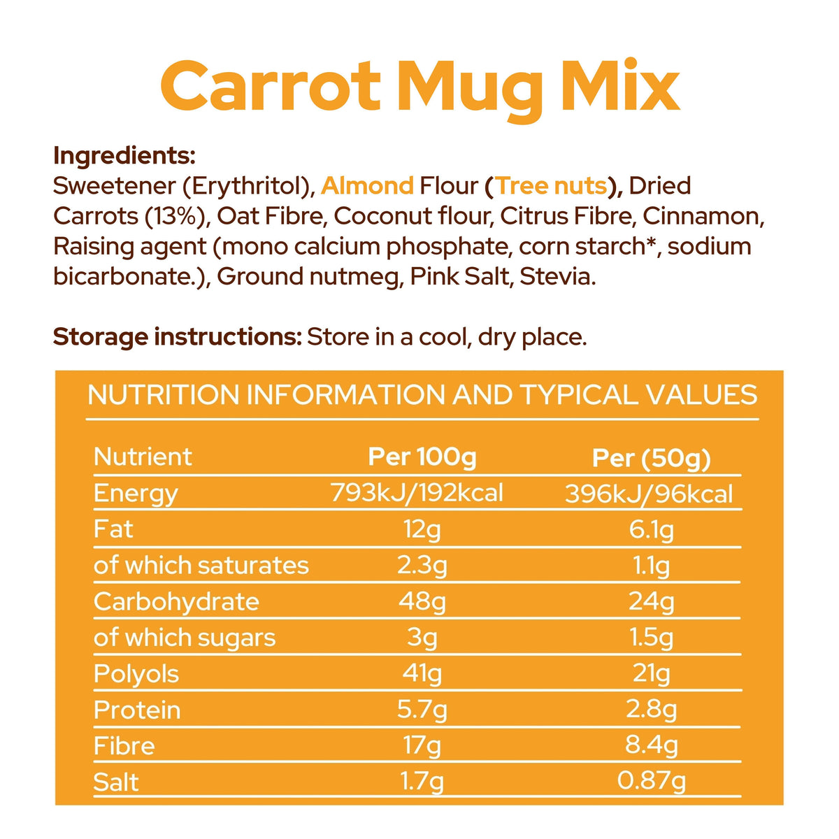 An image of our carrot mug mix nutritional information 