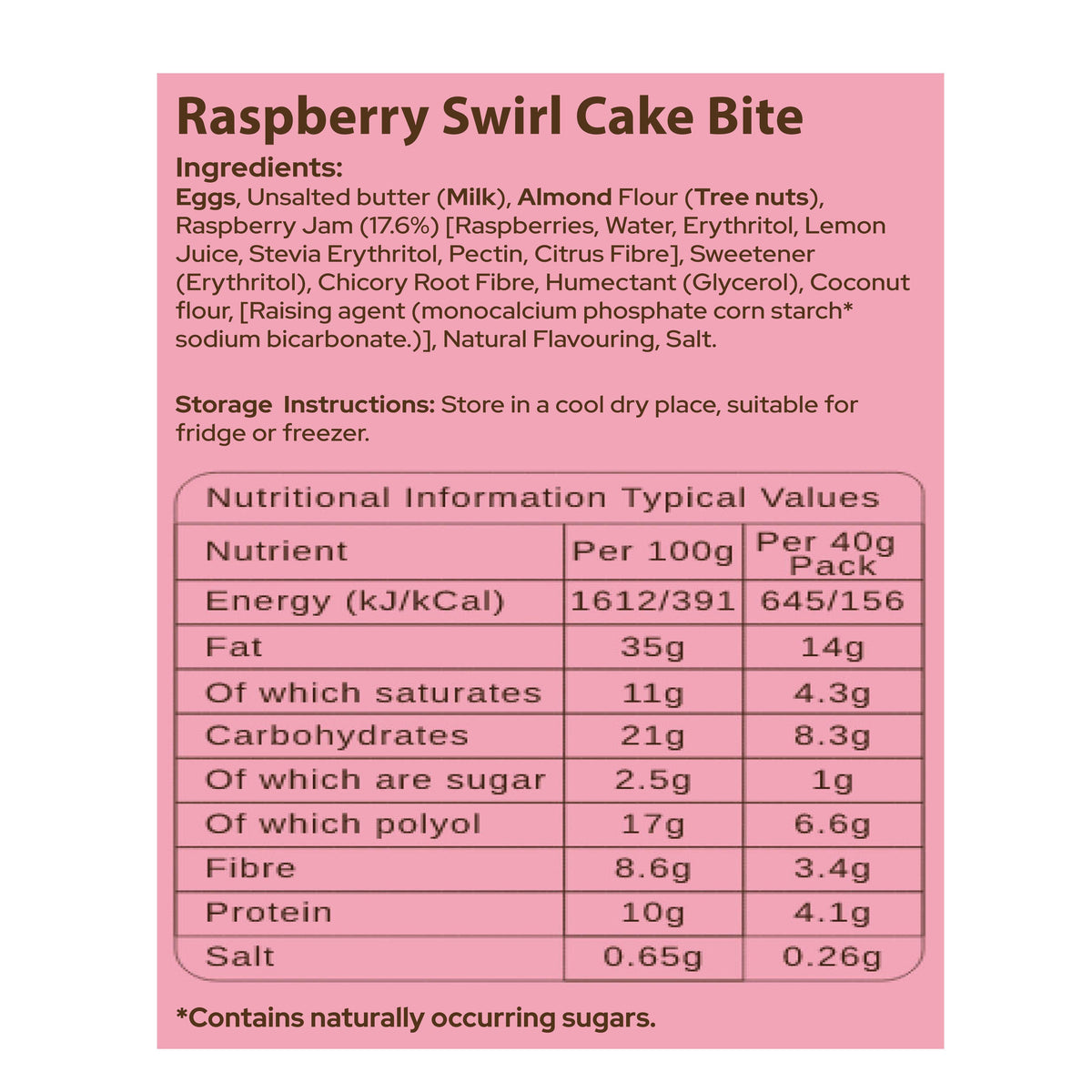 An image of raspberry swirl cake bite nutritional information